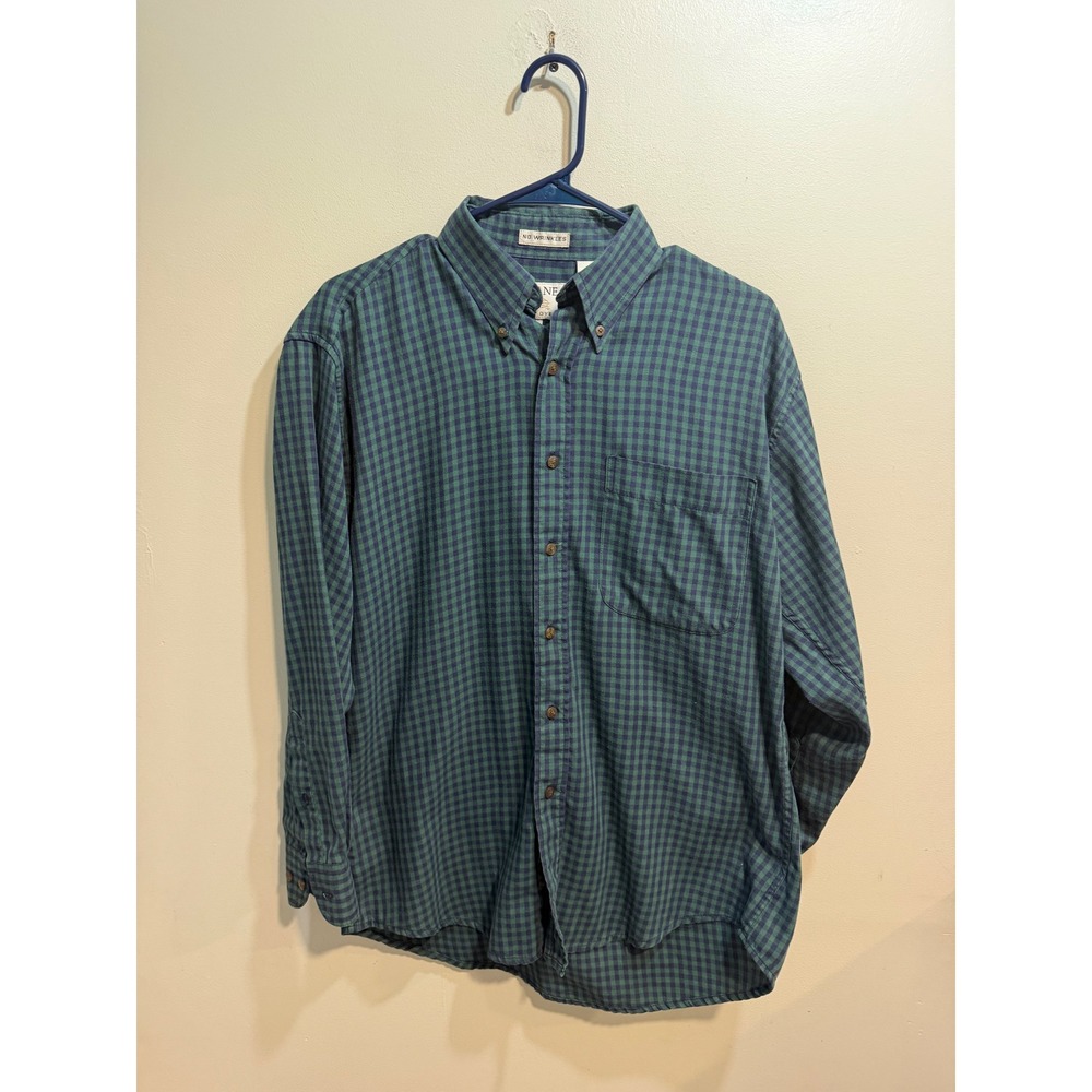 Savane Mens Deep Dye Gingham Button Down Shirt Green Navy Blue Small Long Cotton